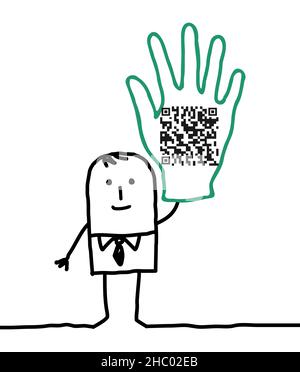 Hand drawn Cartoon Man showing OR code in his raised Hand Stock Vector