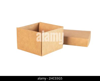 Cardboard box isolated on white. Empty craft carton gift container with cover. Stock Photo