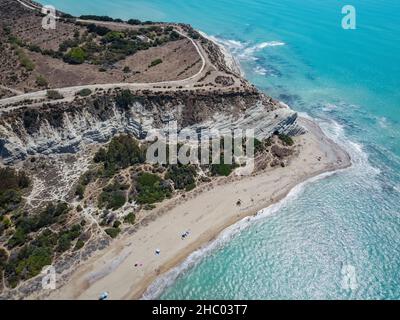 Aerial drone. Natural Reserve Foce del Fiume Platani and Capo Bianco in Sicily. Turquoise sea and white limestone cliffs near Eraclea Minoa, Agrigento. Stock Photo