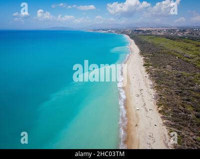 Aerial drone. Natural Reserve Foce del Fiume Platani and Capo Bianco in Sicily. Turquoise sea and white limestone cliffs near Eraclea Minoa, Agrigento. Stock Photo