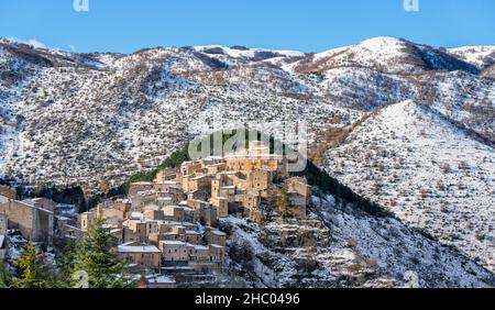 The beautiful village of Villalago, covered in snow during winter season. Province of L'Aquila, Abruzzo, Italy. Stock Photo