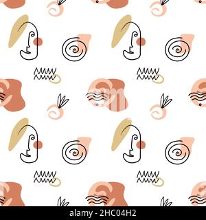 Seamless pattern of abstract shapes, lines and faces in line art style. White background. Stock Vector