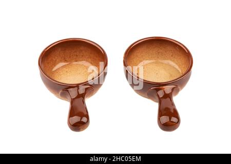 Two ceramic cocotte makers for baking isolated on white background. Copy space. Stock Photo