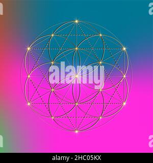 Flower of Life, Seed of life symbol Sacred Geometry, mystic mandala of alchemy esoteric sign. Golden luxury logo Vector isolated on colorful gradient Stock Vector