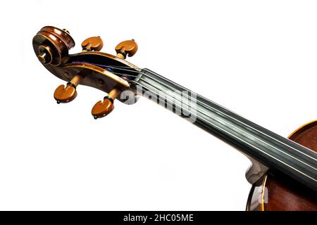 Scroll, pegbox, and fingerboard of a viola, part of the musical string instrument from the viol family, isolated on a white background, copy space Stock Photo