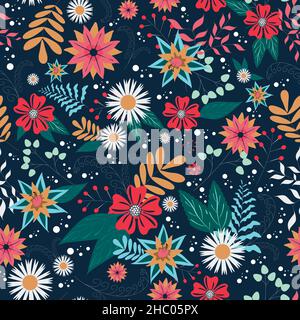 Floral seamless pattern. Variety of flowers, twigs and natural ornaments in an uncut vector Stock Vector
