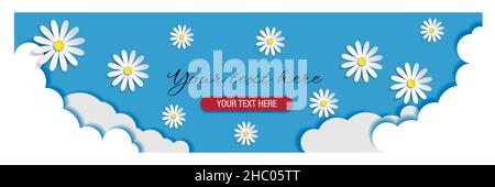 Beautiful banner of a blue sky with clouds and daisies perfect for sales, titles or beautiful messages for Valentine's Day or Mother's Day Stock Vector