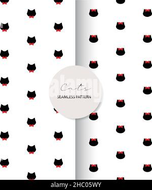 Abstract seamless pattern of cat faces with bow ties and bows. 2 separate patterns Stock Vector