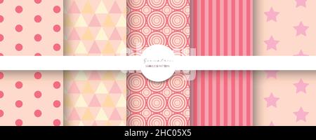 Set of 5 seamless geometric patterns in pastel shades. Circles, triangles, stripes and stars Stock Vector