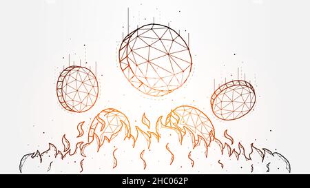 Polygonal vector illustration of falling coins in flames of fire. Burning coins concept. Money, cash and finance geometric art. Financial background, Stock Vector