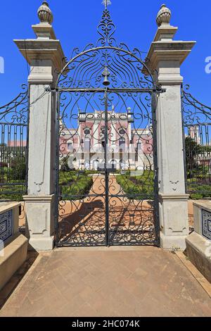 Wrought iron grill gate-formal garden-pink façade-NeoRococo Palace. Estoi-Algarve-Portugal-027 Stock Photo