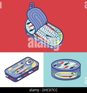 Canned fish. Flat illustration of 3 tuna fish can vector icons for web. Stock Vector