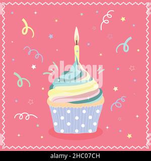 Birthday cupcake. Icon celebratory cupcake with a candle. Vector illustration Stock Vector