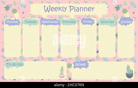 Weekly planner and to do list with a picture of a cactus. Vector. Stock Vector