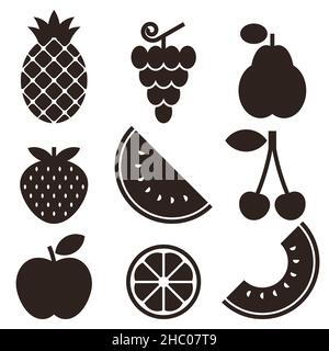 Pineapple, grapes, pear, strawberry, watermelon, cherry, apple, lemon and melon. Fruit icons set Stock Photo