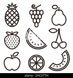 Pineapple, grapes, pear, strawberry, watermelon, cherry, apple, lemon and melon. Fruit icons set Stock Photo