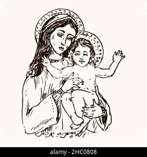 Hand drawn illustration or drawing of Virgin Mary Mother and Baby Jesus ...