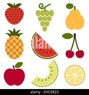 Pineapple, grapes, pear, strawberry, watermelon, cherry, apple, lemon and melon. Fruit icons set Stock Photo