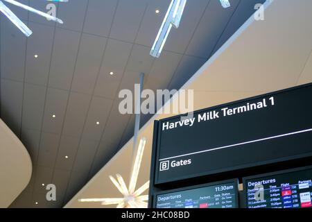 B Gates sign at Harvey Milk Terminal 1 at San Francisco International Airport; SFO terminals; California airports. Stock Photo