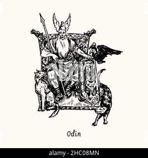 Odin sitting in throne, dogs and crow. Ink black and white doodle drawing in woodcut style with inscription. Stock Photo