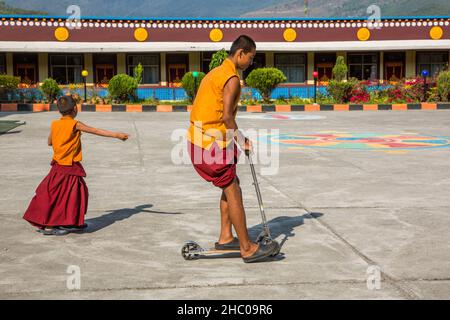 A young Buddhist monk riding a scooter at the Pema Tsal Sakya Monastery near Pokhara, Nepal.  A younger boy follows. Stock Photo