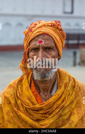A sadhu, Hindu ascetic or holy man in Hanuman Dhoka Durbar Square in Kathmandu, Nepal. Stock Photo
