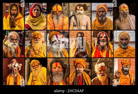 A collection of images of sadhus, Hindu ascetics or holy men in Kathmandu, Nepal. Stock Photo