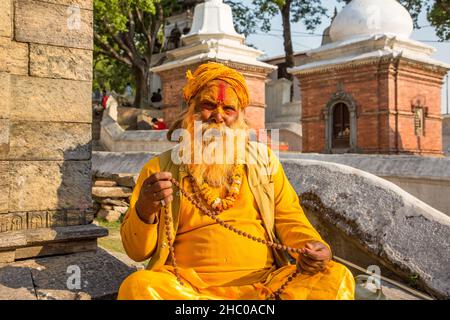 A sadhu, Hindu ascetic or holy man in Hanuman Dhoka Durbar Square in Kathmandu, Nepal. Stock Photo