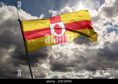 The flag of Ulster is a historic banner based on the coat of arms of Ulster Stock Photo