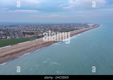 Aerial views of Worthing West Sussex.  Worthing is a seaside town in West Sussex, England, at the foot of the South Downs, 10 miles west of Brighton. Stock Photo