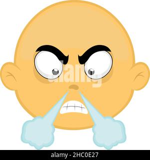 Vector illustration of the face of a yellow and bald cartoon character, with an angry expression and fuming Stock Vector