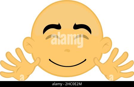 Vector illustration of the face of a bald, yellow cartoon character with a happy expression and waving with his hands Stock Vector