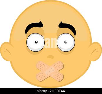 Vector illustration of the face of a yellow and bald cartoon character, with adhesive bands on the mouth Stock Vector