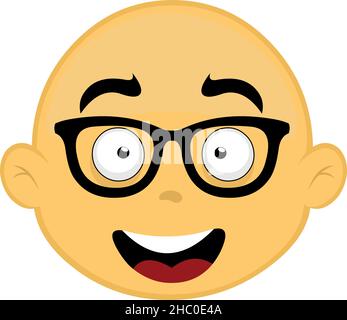 Vector illustration of the face of a yellow and bald cartoon character, with nerd glasses Stock Vector