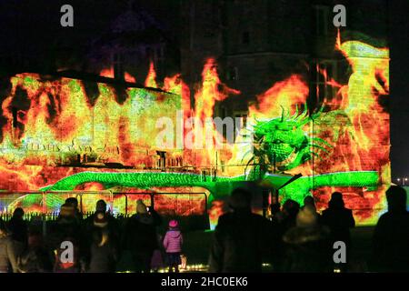 Cowdray Park, Midhurst. 22nd December 2021. An illuminated, after dark, festive light trail held in the grounds of the historic Cowdray estate, in the heart of the stunning South Downs National Park. Inspired by the theme ‘Joy' the work created by a select band of international artists casts the landscape in a new light, illuminating the nights sky, with millions of sparkling lights, interactive installations and joyful sounds. Credit: james jagger/Alamy Live News Stock Photo