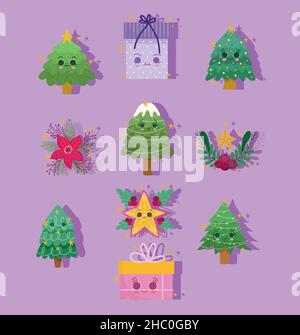 set kawaii christmas trees Stock Vector