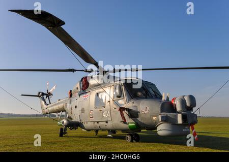 Royal Navy, Fleet Air Arm, Westland WG-13 Lynx HMA8 SRU helicopter ZD259 named Charger, used by Black Cats display team. Built as HAS3 Stock Photo