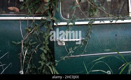 Old Historic Vintage Automotive Motor Car Door Panel with Handle Stock Photo