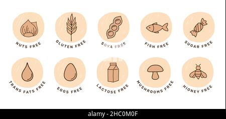 Hand drawn allergens icon. Collection of gluten free, fish, egg, nuts, soya, milk, dairy free icons, sticker and symbols Stock Vector