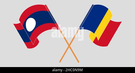 Crossed and waving flags of Laos and Romania. Vector illustration Stock Vector