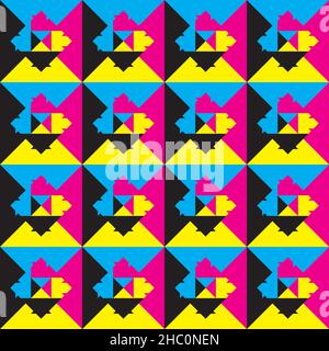 cyan magenta yellow black pseudo seamless plaid background triangle game piramid illusion Stock Vector