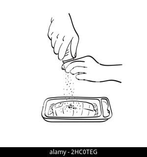 closeup hand holding salt cellar on calmon steak illustration vector hand drawn isolated on white background line art. Stock Vector