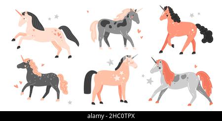 Set of cute unicorns in cartoon style. Vector flat illustration Stock Vector