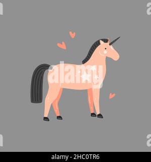 Cute pink unicorn with black mane. Vector flat illustration Stock Vector