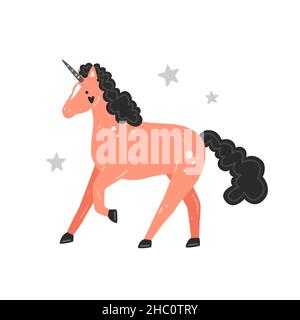 Cute pink unicorn with black mane in cartoon style. Vector flat illustration Stock Vector