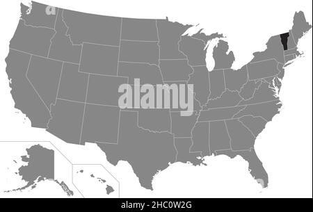 Black highlighted location administrative map of the US Federal State of Vermont inside gray map of the United States of America Stock Vector