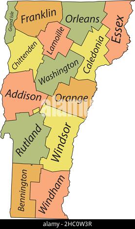 Pastel vector administrative map of the Federal State of Vermont, USA with black borders and name tags of its counties Stock Vector