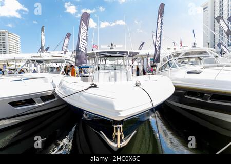 62nd annual Fort Lauderdale International Boat Show. Smaller deck boats, Cuddy cabin boats, Pontoon boats, Surf boat, Jet boats, Alum Fishing Boats. Stock Photo