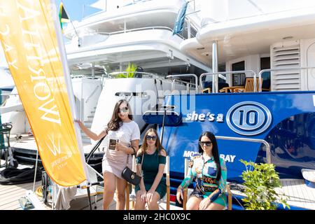 62nd annual Fort Lauderdale International Boat Show. Smaller deck boats, Cuddy cabin boats, Pontoon boats, Surf boat, Jet boats, Alum Fishing Boats. Stock Photo