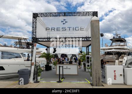 62nd annual Fort Lauderdale International Boat Show. Smaller deck boats, Cuddy cabin boats, Pontoon boats, Surf boat, Jet boats, Alum Fishing Boats. Stock Photo